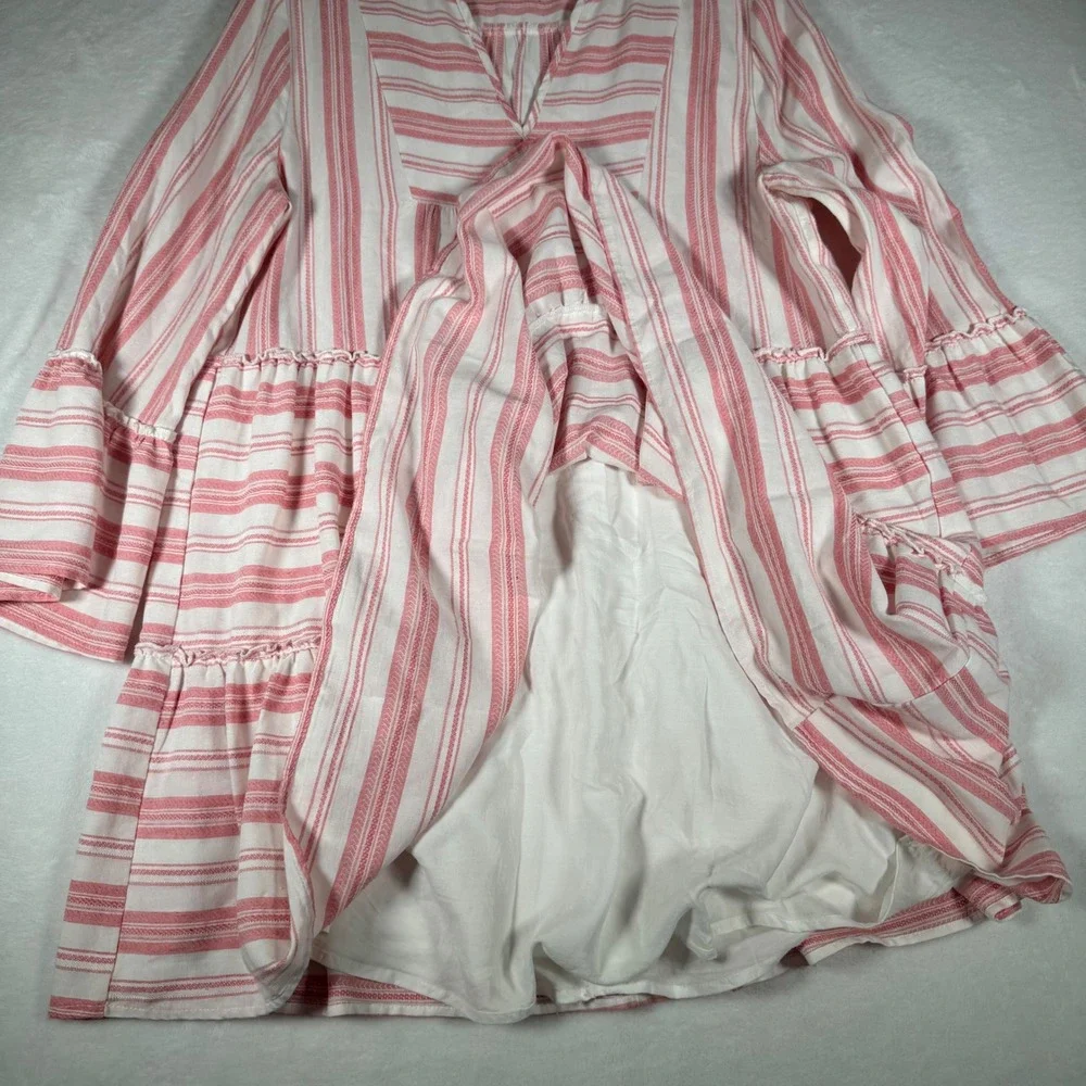 Entro Pink White Striped Tiered Babydoll Mini Dress Bell Sleeve D17573 Womens L